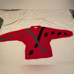 Vintage Abstract 1980s Wool Blend Red Sweater Brass Plum Women’s Medium